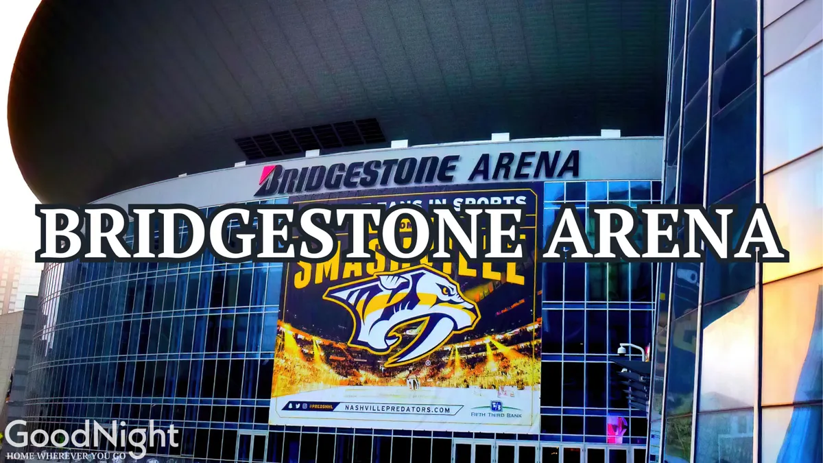 An exterior image of the Bridgestone Arena, featuring its iconic signage, a Nashville Predators banner, and a modern glass facade. The scene is energetic, capturing the excitement of live music and major events in Nashville's downtown core.